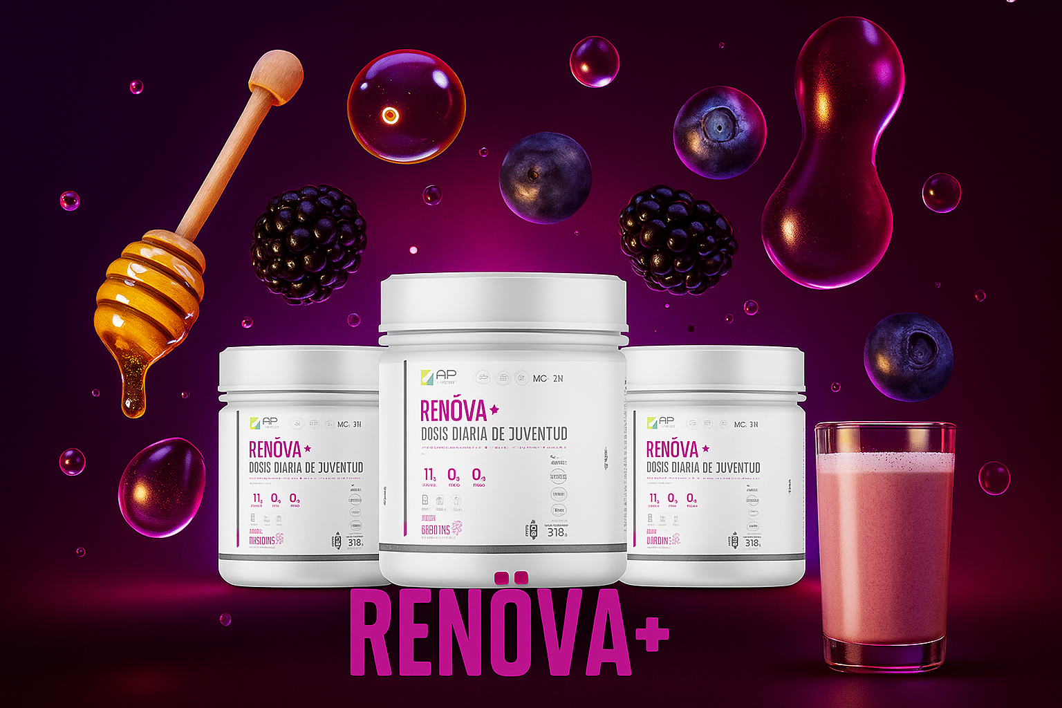 Tres frascos del suplemento de colágeno RENÖVA+